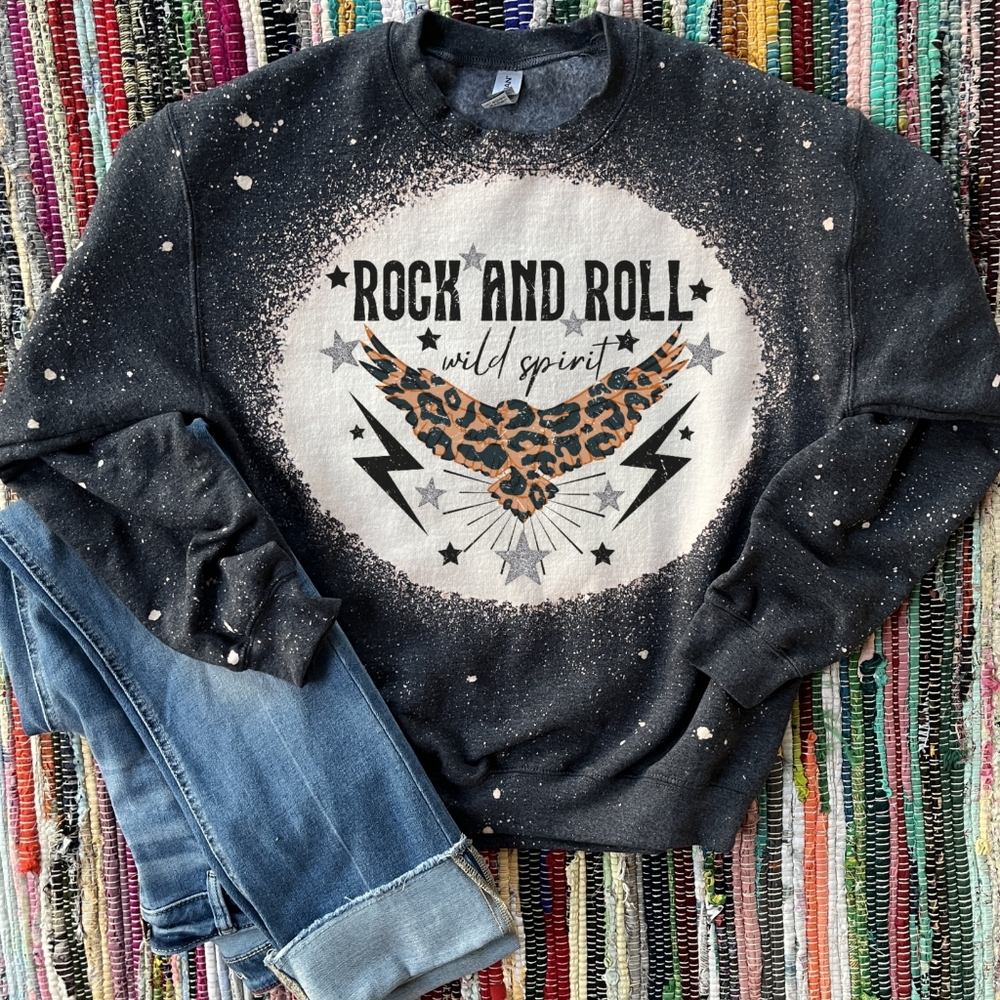 Rock & Roll Bleached Distressed Graphic Crewneck Sweatshirt NEW